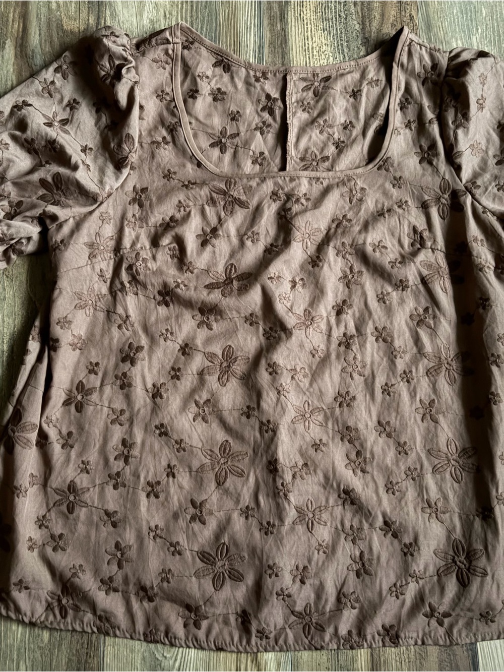 SHEIN Taupe Floral Eyelet Scoop Neck Blouse